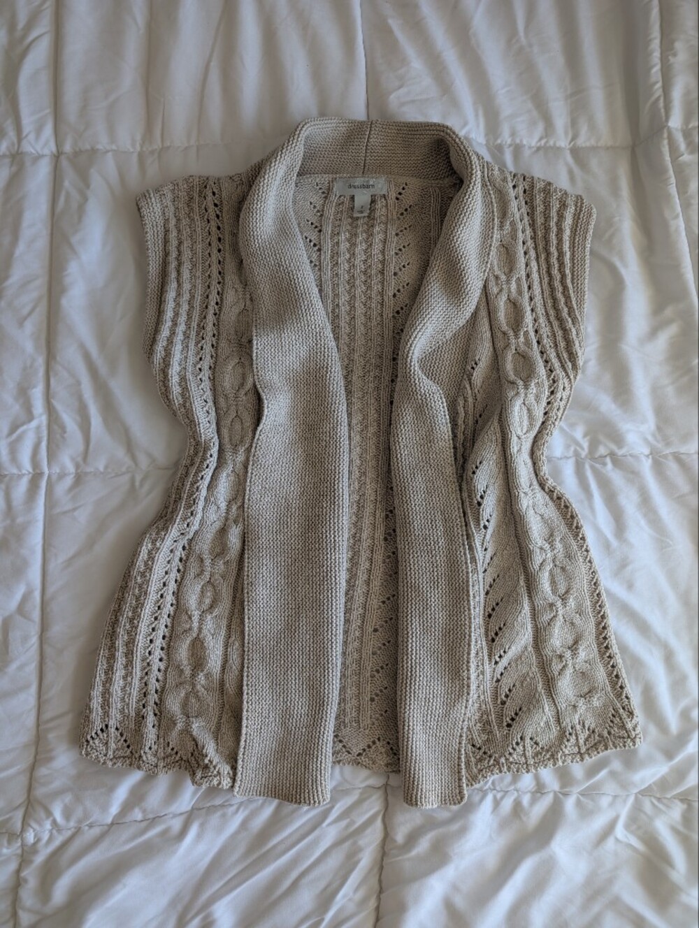 Dressbarn Beige Open Cable Knit Cardigan Vest